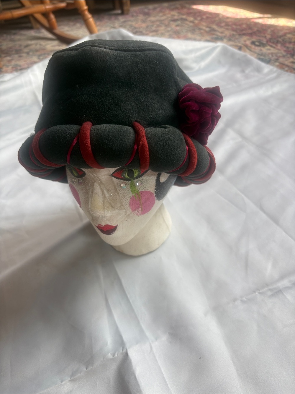 Black Velvet sheepskin Hat with Burgundy Trim and Flower